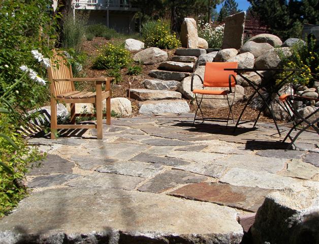 Dry set patio with boulder stairs Custom